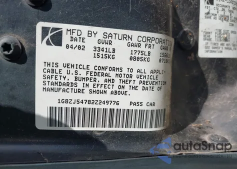 2002 Saturn S-Series Sl2 из США, поврежденный, VIN 1G8ZJ54782Z249776